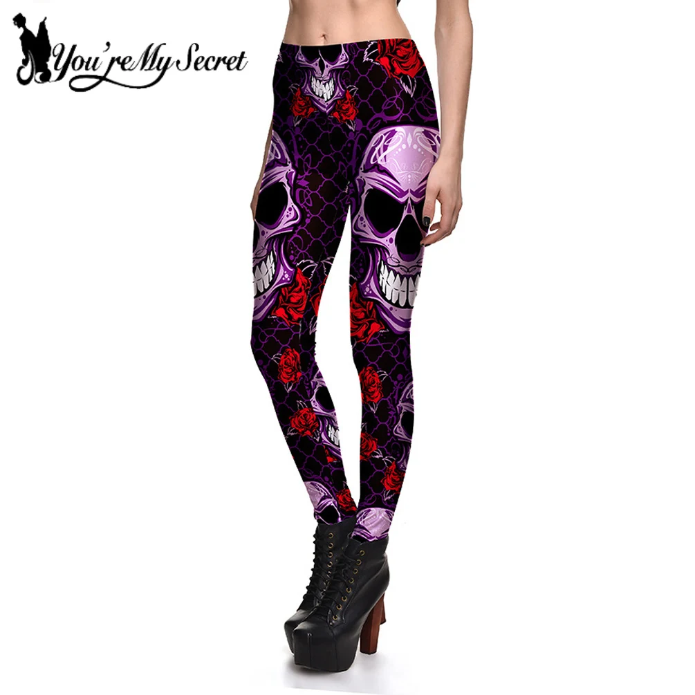

[You're My Secret] 2019 New Arrival Leggins Halloween Skull Rose Purple Women's Leggings High Quality Gothic Style Ankle Pant
