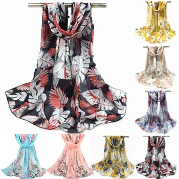 

Fashion Women Chiffon Floral Feather Scarf Ladies Soft Wrap Long Shawl Female Summer Beach Cover Up Woman Scarves