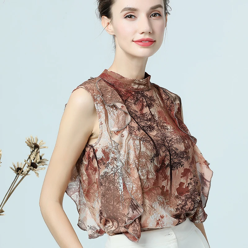 Women Ruffle Chiffon Brown Printed Blouse Round