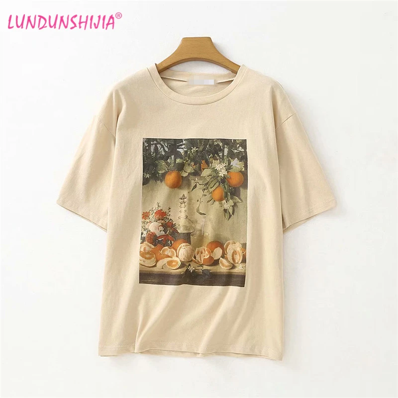 LUNDUNSHIJIA 2019 летние модные женские футболки цвета хаки Футболка с принтом фруктов