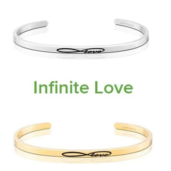 

Silver/Gold Delicate Cuff Bangle Lettering INFINITE LOVE Stamped Bracelet Titanium Steel Inspirational Bangle for Women Gift
