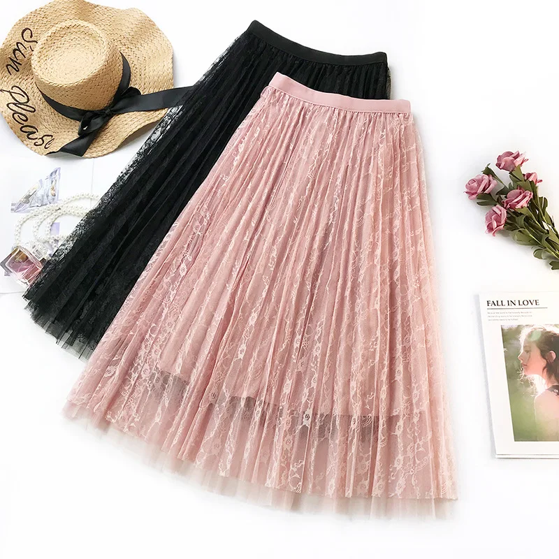 Женская длинная фатиновая юбка с высокой талией, эластичная Макси плиссированная юбка, весна, милые розовые вечерние юбки, модная кружевная трапециевидная Женская юбка