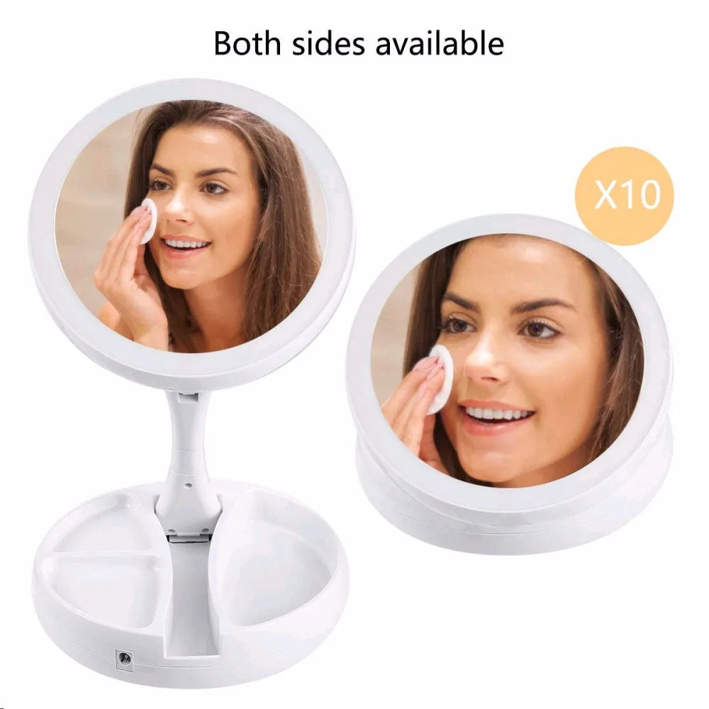 

New Portable Folding Makeup Mirror 270 Rotating LED button Lighting Make Up Vanity Mirror Adjustable 10x Magnifying