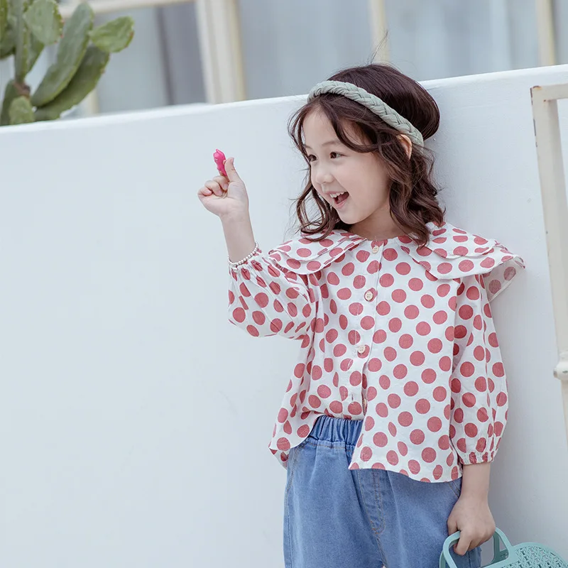 

Spring baby girls pure cotton double layer Lotus leaf collar dot shirts 2019 kids all-match casual blouses