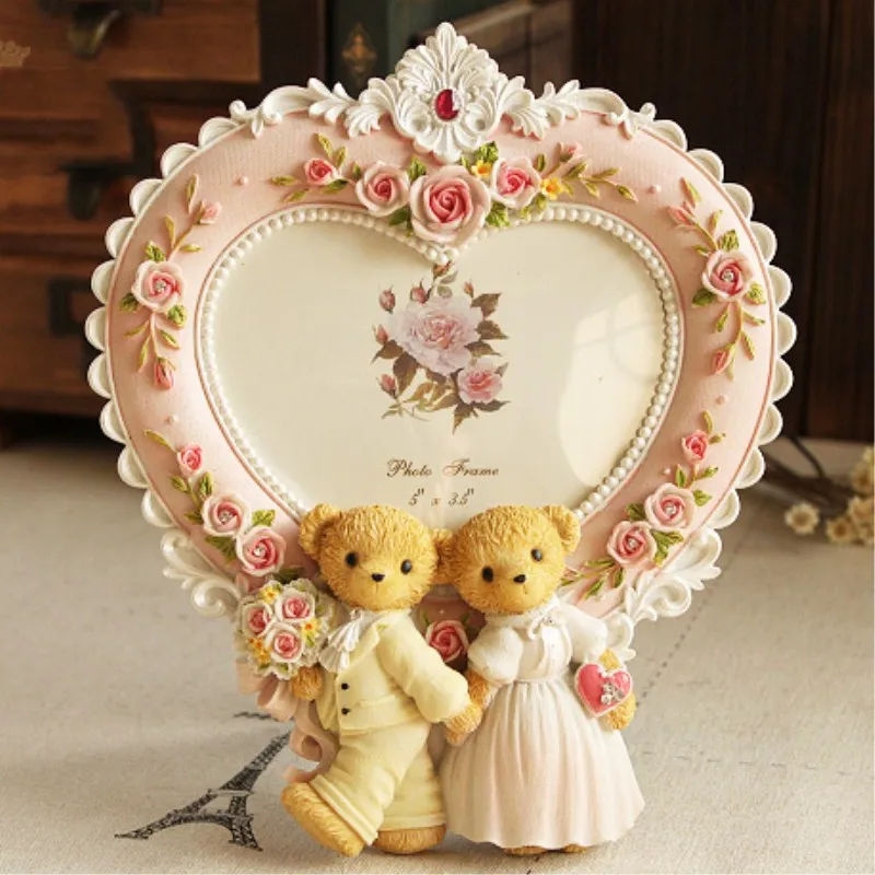 

5 Inch Heart-shaped Picture Frame Korean Style Wedding Bear Photo Frame Pastoral Children Photo Frame Gift Home Living Decor