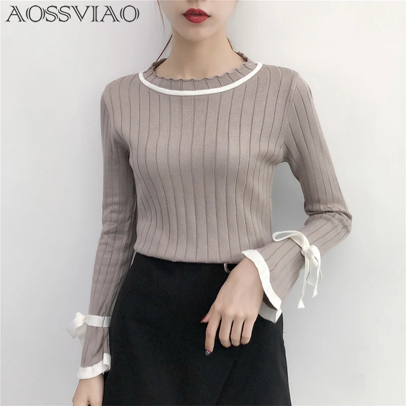 

Casual Slim Sweater Women 2020 Autumn Spring Knitted Sweater Lace Up Flare Long Sleeve Ruffle Knitting Pullover Womens Sweaters