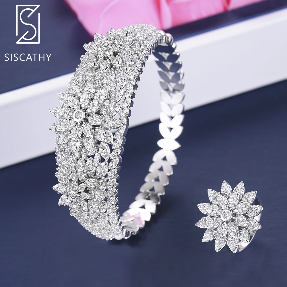 

SISCATHY Luxury Flower Shape Hollow Dubai African Wedding Jewelry Sets Wide Surface Cubic Zirconia Bracelet Ring Set