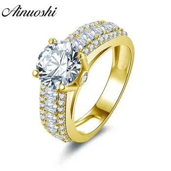 

AINUOSHI Luxury Wide Band Round Ring 14K Solid White/Yellow Gold Round Emerald Cut Sona Diamond Wedding Engagement Women Ring