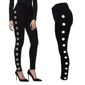 

Sexy Side Hollow Out Sequined Black Skinny Jeans for women Eyelets Push up Denim Pants woman Plus size jeans pencil Denim pants