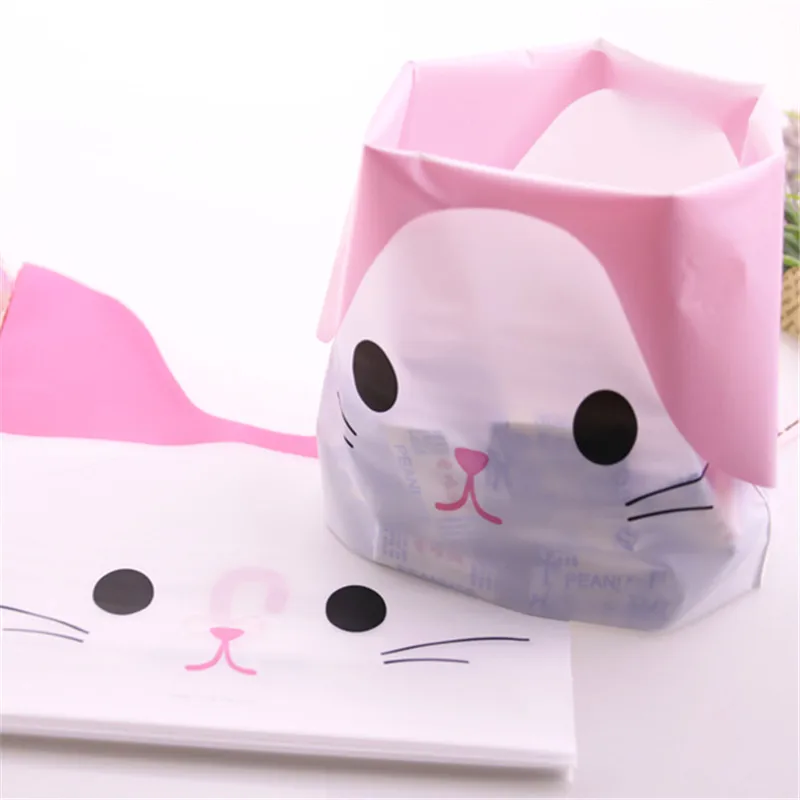 Wholesale 50pcs/lot Pink Cute Rabbit Ear Biscute Cookies Packaging Bags With Lovely Kitty New Year Gift Bags For Candy