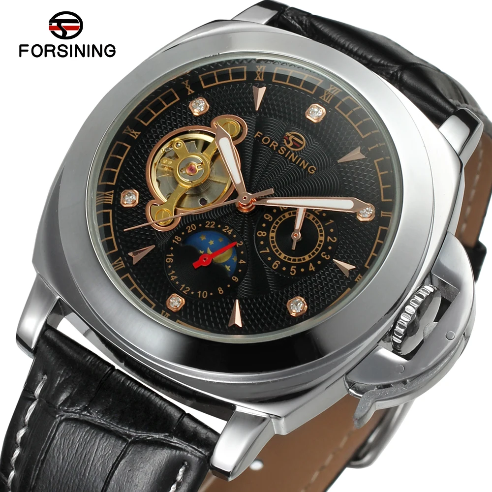 

Forsining Wrist Automatic Watch 24 hours Moon Phase saat erkek Mechanical Watches Leather Strap Date Luminous Hands Saat erkekl