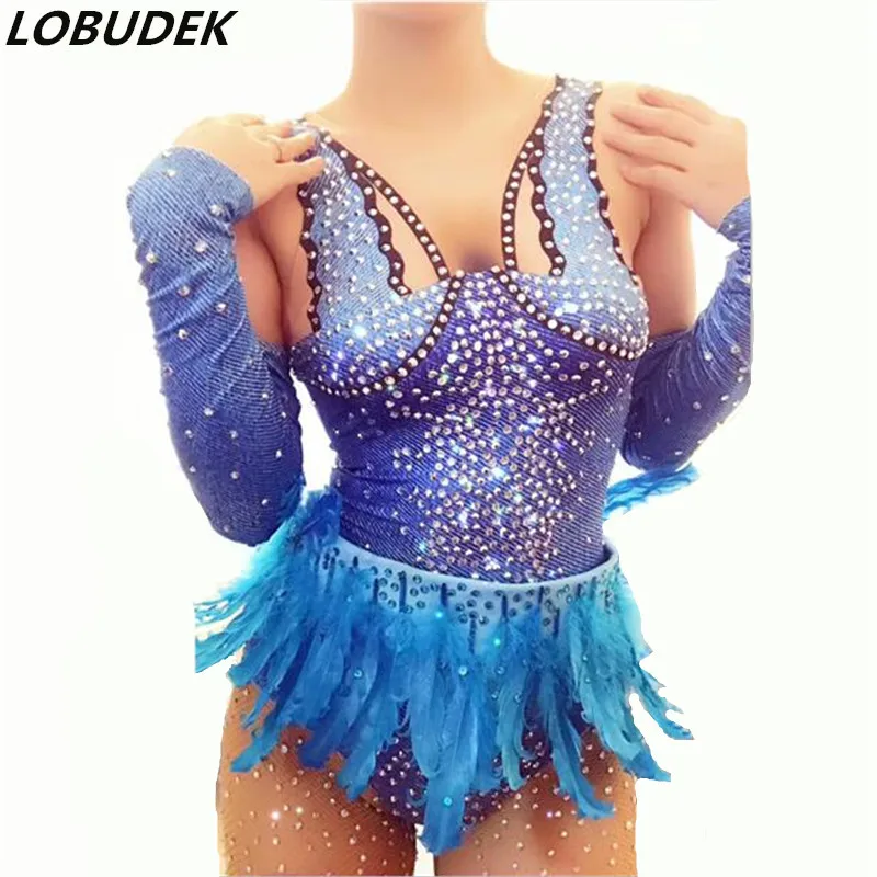 

Super flash rhinestones bodysuit jumpsuit Bright Crystals Rompers Catsuit women sexy costumes dancer show nightclub bar