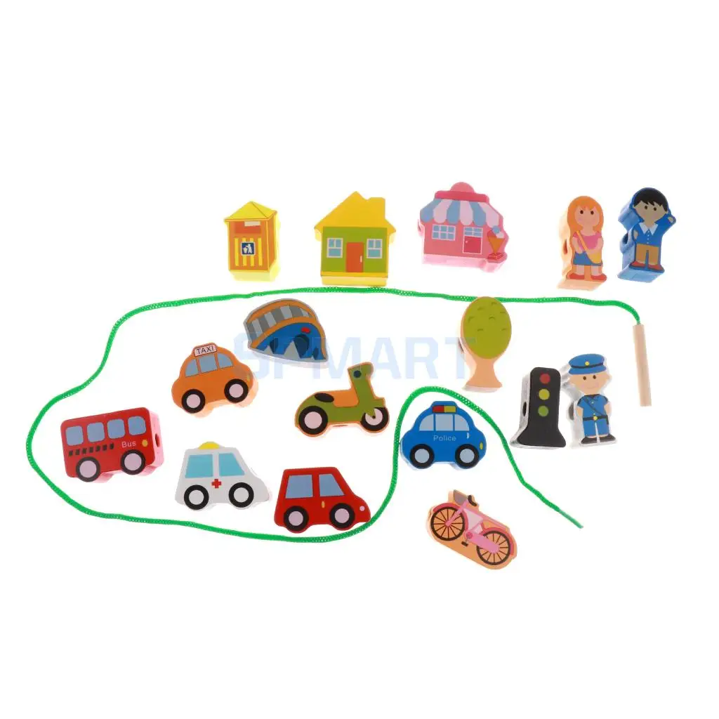Wooden Cartoon Threading Beads Lacing Game Kids Preschool Edutional Toys - People/City/Farm