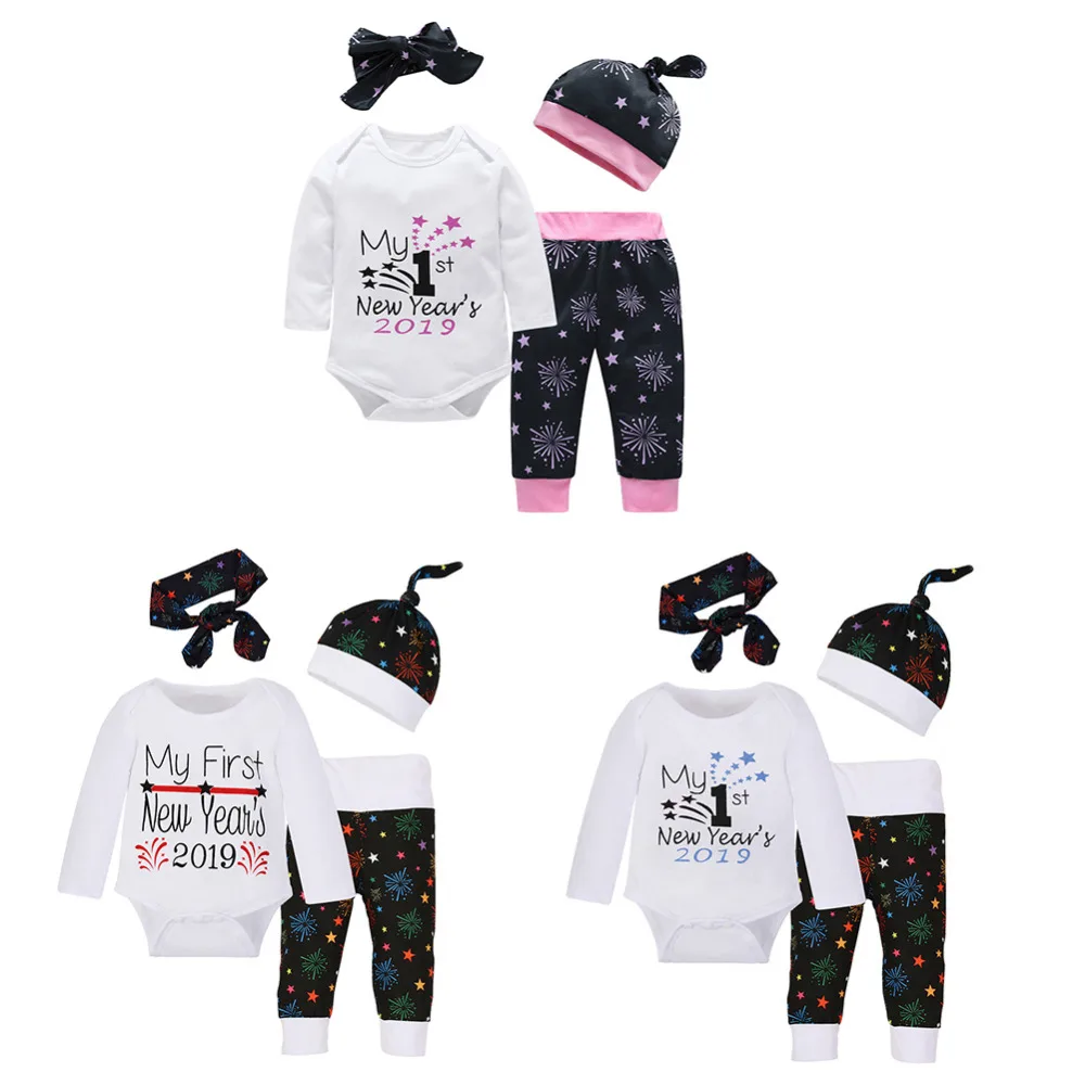 

Chrismas Design Newborn Baby Clothes 4pcs/Set Autumn Cute Letters Romper Pants Headband Hat New Year Baby cotton Costume Set