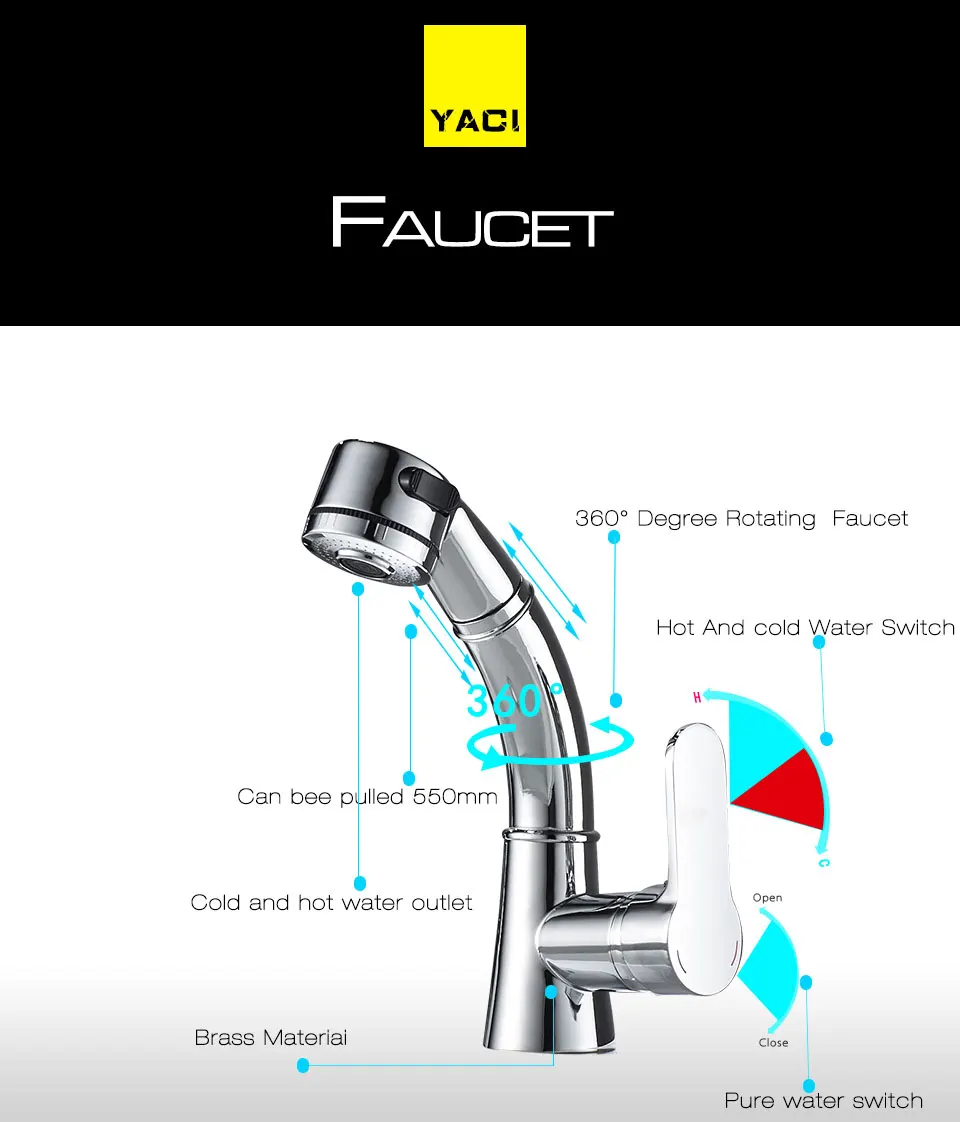 YACI Pull Out Ванная раковина кран горячая и холодная вода смеситель кран подъем вверх и вниз хром готовый 360 градусов смеситель для воды кран