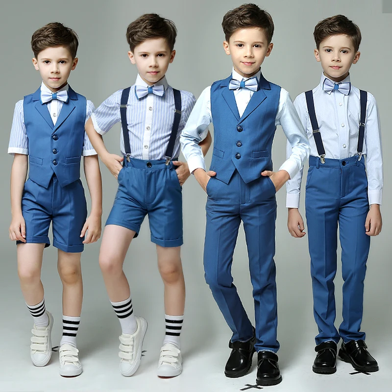 Toddler Boys Blue 4pcs/set(Strap/Vest+Pants+Shirts+Bow tie) for Wedding
