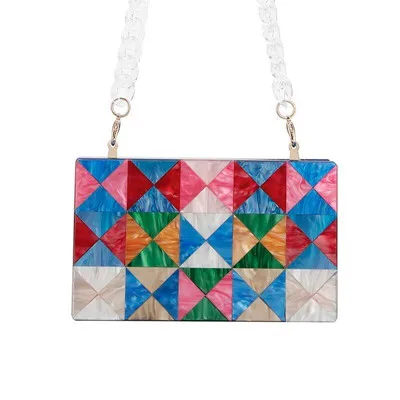 

Pearl Colorful Striped Geometric Acrylic Clutches Wallet Purse Red Fabric Resin Chain Women Brand Travel Beach Lady Acrylic Bags
