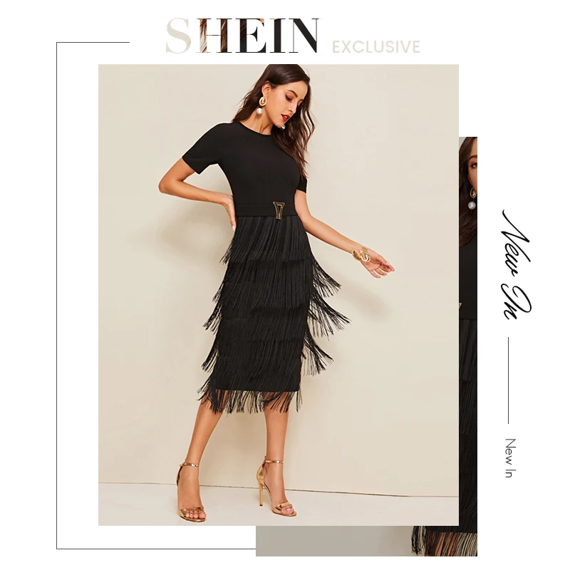 SHEIN элегантное черное платье-карандаш с металлической пуговицей, с многослойной бахромой, Женские однотонные летние тонкие длинные платья с высокой талией и коротким рукавом
