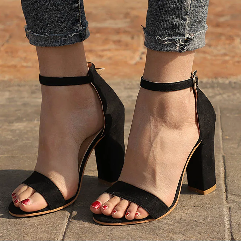 REYO Women High Heel Sandals Casual Solid Buckle Strap Square Heel Wedge Sandals Shoes 