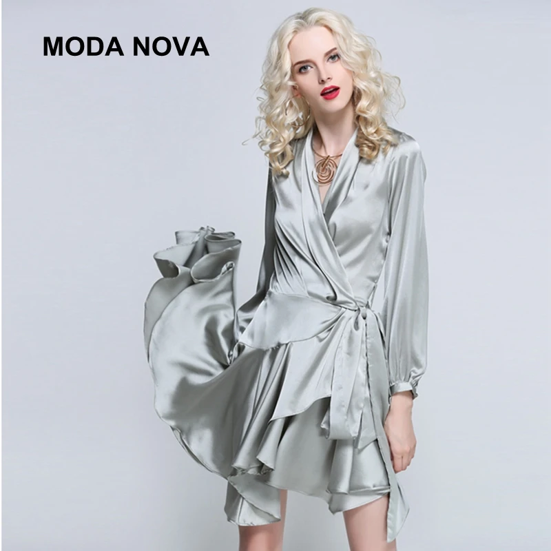 MODA NOVA Irregular Sun Dress Ruffles V Neck Women's Lace Up Summer Dresses Lantern Sleeve Ladies 2018 Runway | Женская одежда
