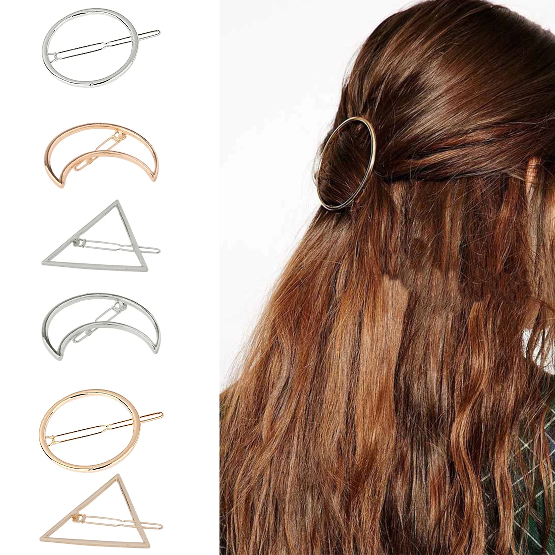 Geometric Shape Hair Clip Fashion Women Lady Girl Punk Hollow Out Moon Triangle Circle Barrettes Hairpin Clamps Gold Tone