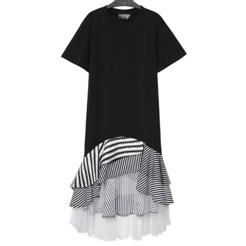 

2019 spring and summer European station new medium and long irregular geometric stitching fishtail ruffled dress