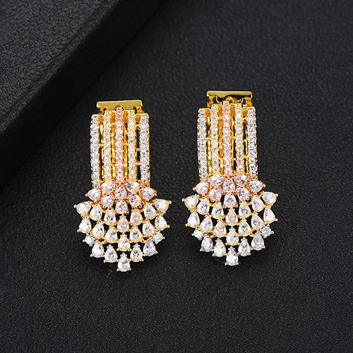 GODKI Exclusive Tassel Hoop Earring For Women Wedding Popular 3Tone Geometry Full Mirco Cubic Zircon Nigerian Hoop Earrings - Metal Color: A Tricolor