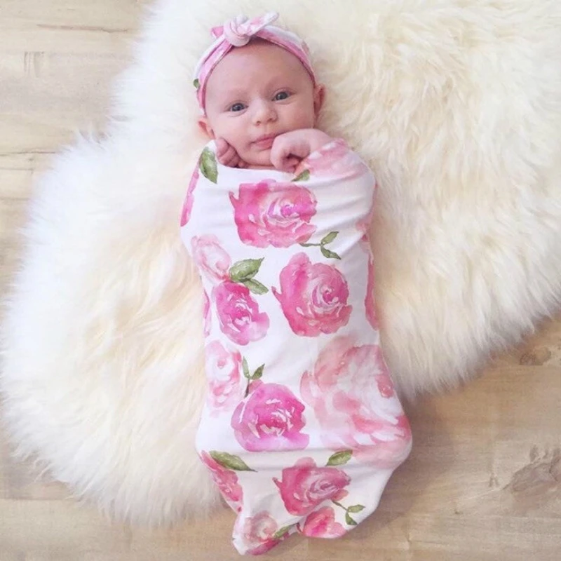 

KLV 2Pcs/Set Newborn Swaddle Blanket Baby Cocoon Sleeping Bag Muslin Wrap Headband
