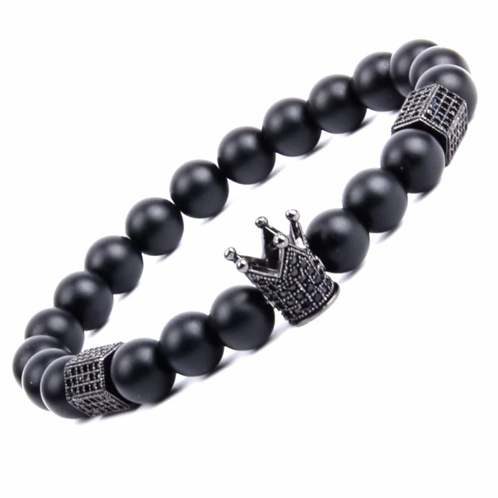 

Brand New Beaded Bracelets Men Natural Stone Matte Black Agates Strand Bracelets Micro Pave CZ Cube Crown Charm Bracelets Women