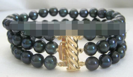 

433 8" 3row 8mm BLACK perfect round freshwater pearl bracelet-14KGP/20