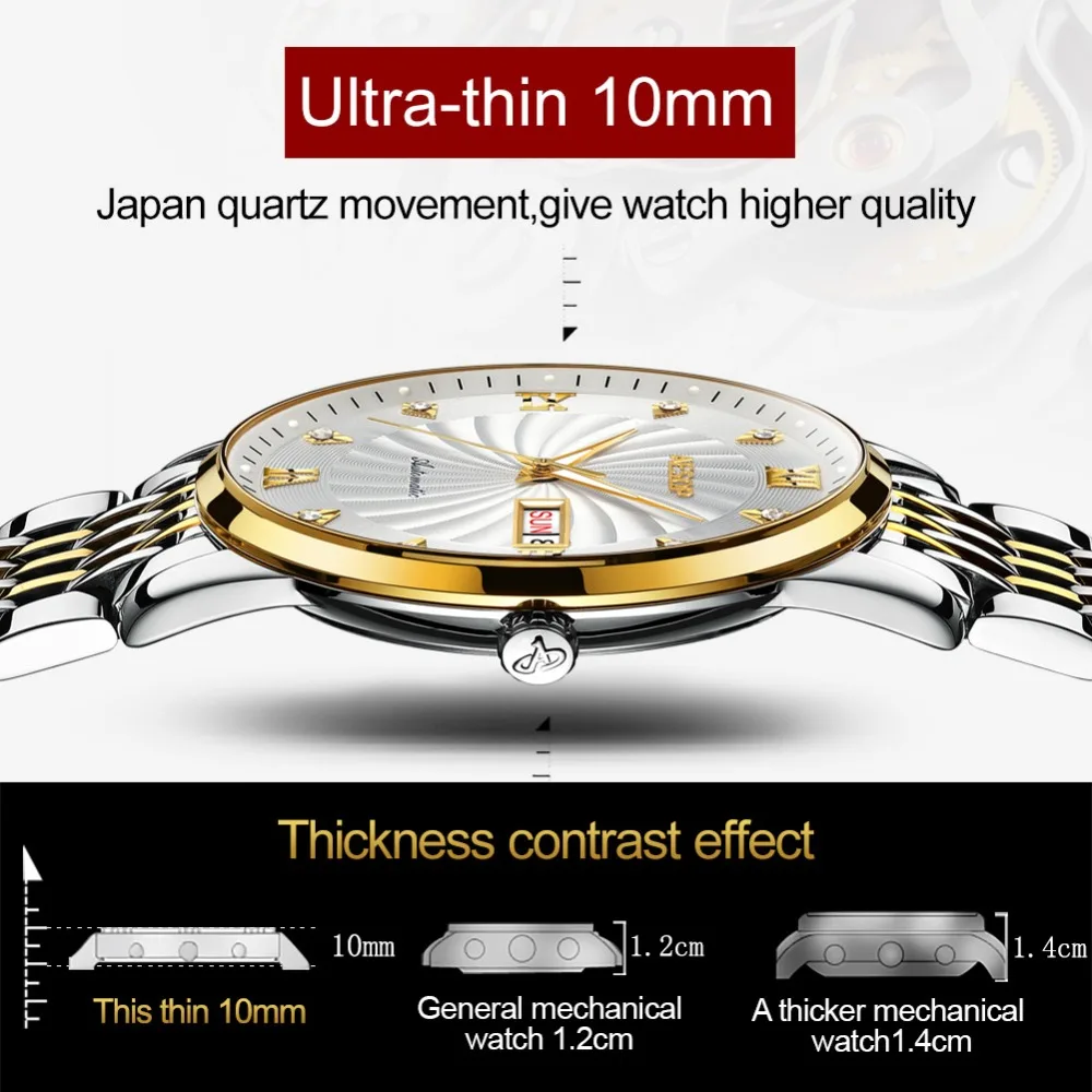 Ultra Thin Watch Men Automatic Mechanical Luminous wristwatch mens   Japanese movement tainless steel Band waterproof clock men