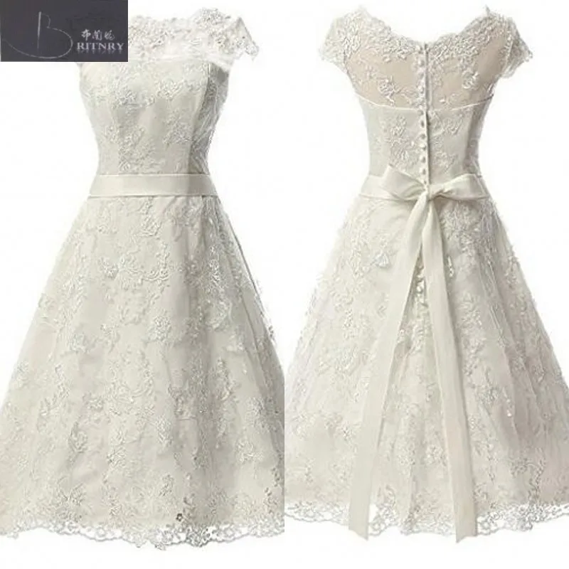 boat neck tea length wedding dress