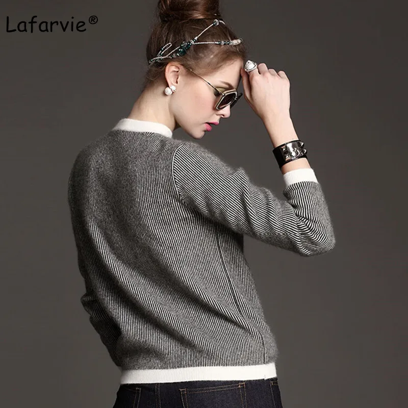 Lafarvie O Neck Knitted Winter Cashmere Sweater Women Cardigan Stripe Long Sleeve Single-breasted New Fall Winter Casual Jumper