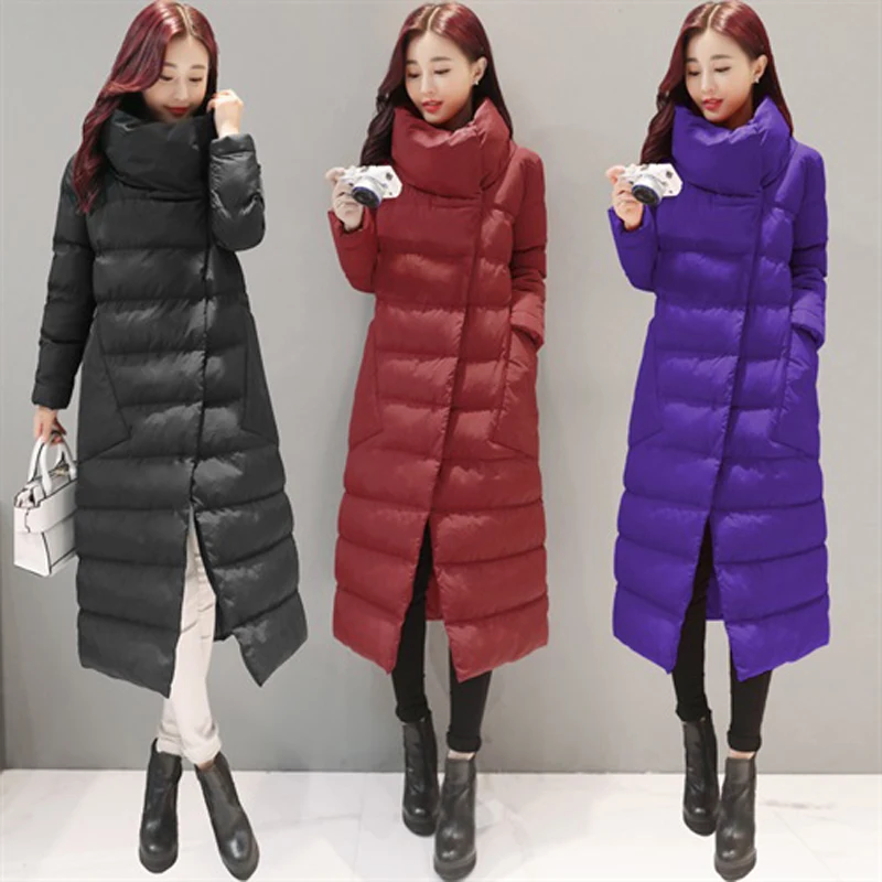 SVESIA Women's Parkas Elegant Stand Collar Asymmetry Long Winter Warm Female Jackets Cotton Parka Outerwear Coats