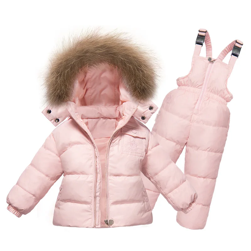 Российская зимняя одежда для девочек комплект 2 шт. Пух пальто+ комбинезон для девочек лыжные Костюмы теплая ветрозащитная верхняя одежда Куртки с шарфом и брюки для девочек от 2 до 5 лет - Цвет: pink