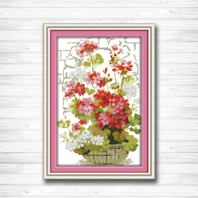 

The pink geranium flowers basket diy painting 14CT 11CT counted cross stitch Needlework Set Embroidery kits chinese cross stitch