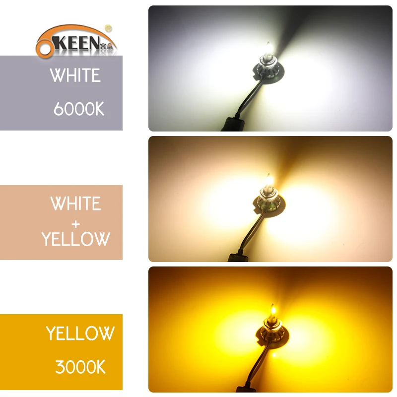 OKEEN 2шт H7 светодиодный лампы для фар H1 H8 H11 9005 тройной цвет 6000K белый 4300K 3000K желтый