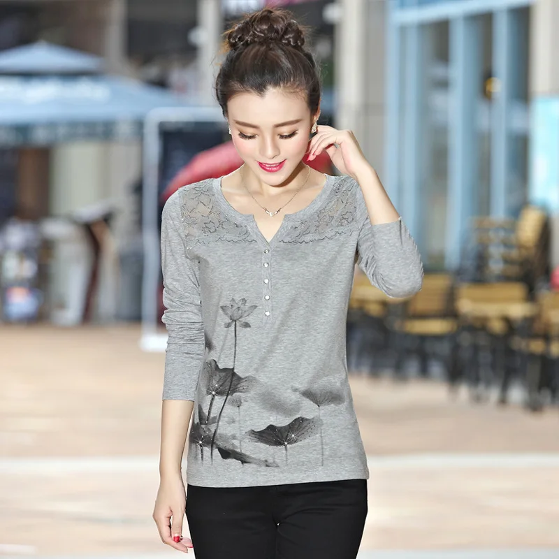 Shintimes Poleras Mujer 2018 Korean Long Sleeve Shirt Women Vintage T Shirt Tee Shirt Femme Cotton Diamonds Lace T-Shirt Women