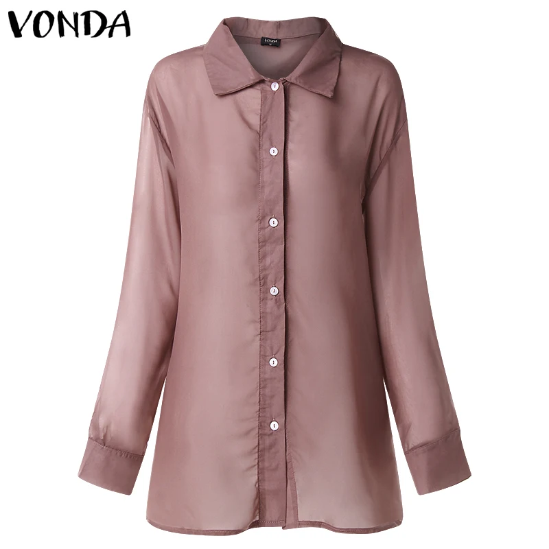 VONDA, женская сексуальная блуза с отворотом, с длинным рукавом, размера плюс, прозрачный, прозрачный топ, весна-лето, пляжная одежда, Офисная рубашка