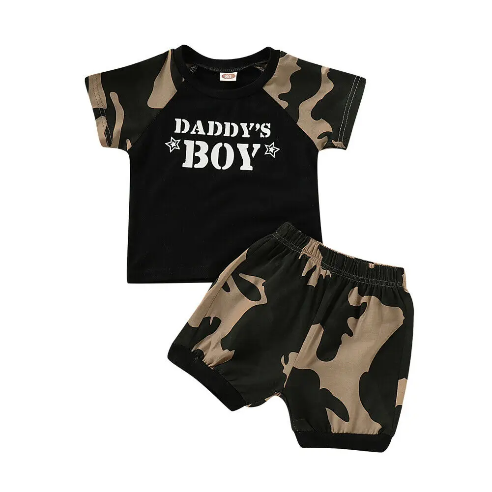 Новейшие камуфляжные топы для новорожденных мальчиков, рубашка с короткими рукавами, штаны, шорты, летний комплект одежды