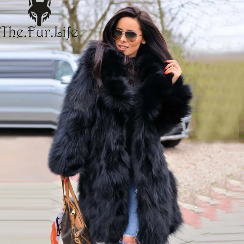 Furealux New High Quality Real Fox Fur Coat For Women Black Natural Fashion Fur Jackets and Coats Warm Winter Big Sale Wholesale