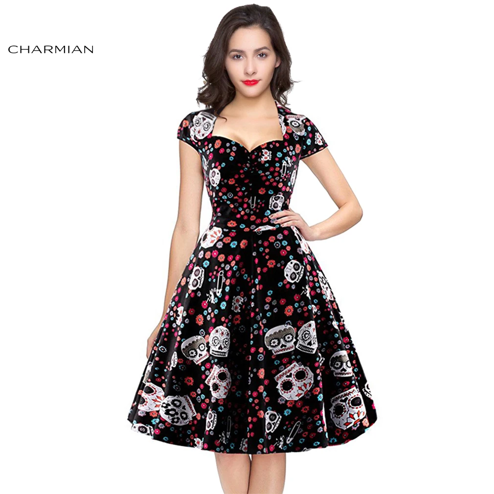 Женское винтажное платье с принтом черепа в стиле ретро|dress vestidos|vintage rockabilly