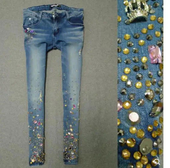 Осенняя тяжелая работа модные алмазные джинсы женские цветные алмазные заклепки Эластичные Обтягивающие джинсы-карандаш - Цвет: blue