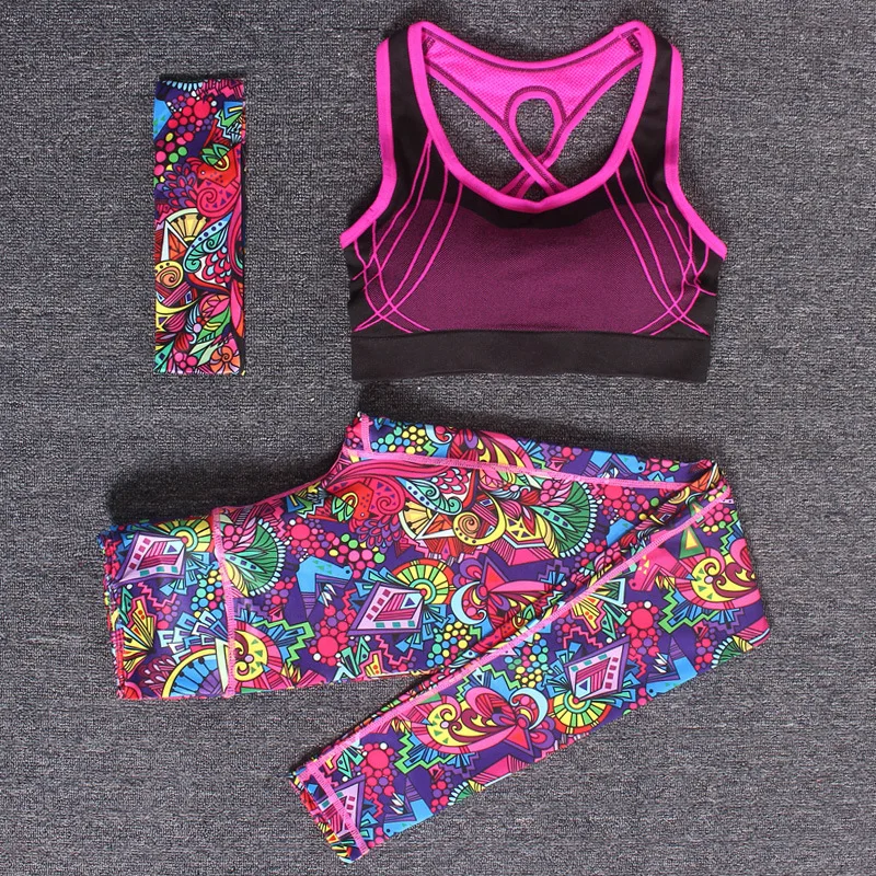 online Mulheres Conjuntos de Yoga Fitness Esportes Ginásio Treino Sportswear 3 pçs set Treino Headband + Bra + Impresso Calças de Yoga Esporte Leggings ternos