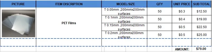 PET Плёнки 0,05 мм/0,1 мм/0,15 мм/0,2 мм, Размеры 200Mmm x 200 мм