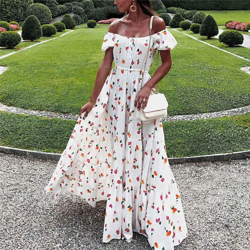 

Womail Women's Dresses 2019 NEW Holiday Casual Print Dress Slash Neck Floor-Length Polyester Casual Chiffon Dress Dropship Apr15