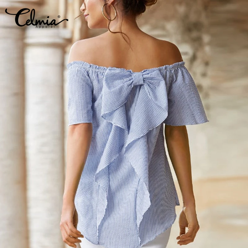 Acheter Celmia 2018 D été Sexy Femmes Blouses Slash Cou Hors Épaule Manches Courtes Décontracté Tops Chemise Rayé À Volants Blusas Plus taille