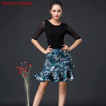 

Latin Dance Set new Mesh Top+Short Skirt 2pcs Women National Standard Dance Skirt Practice Ballroom Dance Fish Bone Skirt
