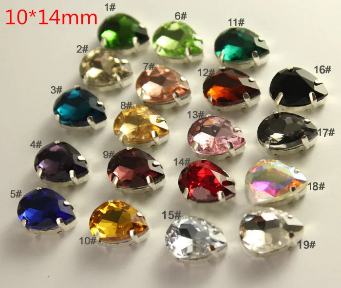 

Free Shipping -57 pieces Teardrop 10*14mm Faceted Sew On Glass Crystals with Silver Metal Base Garment Shoes Bags Deco,19 Colors