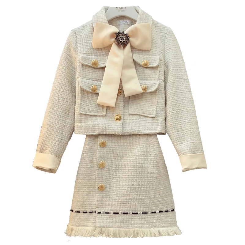 Dames Étudiants Ensemble Vestes ligne Femme À Nouveau Automne Manches De Courtes Arc Jupes Longues Mode Court Définit Beige Gland Costumes A UW5Bgqw